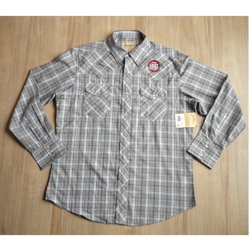 Wrangler Western Shirt Mens Large Grey Plaid Pearl Snap Easy Care 112374450 L